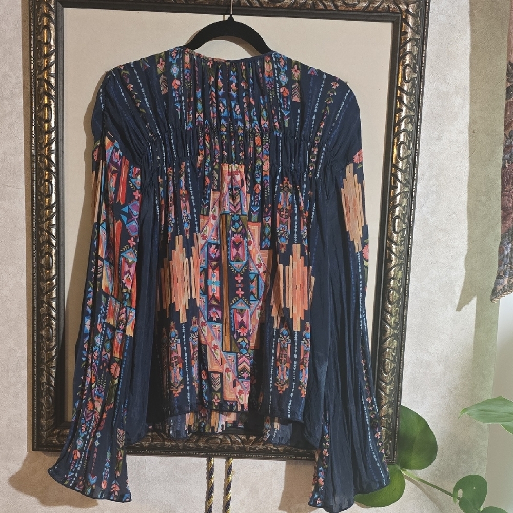 #93. Johnny Was Blue and Orange Embellished Long Sleeve Blouse - Picture 3 of 6
